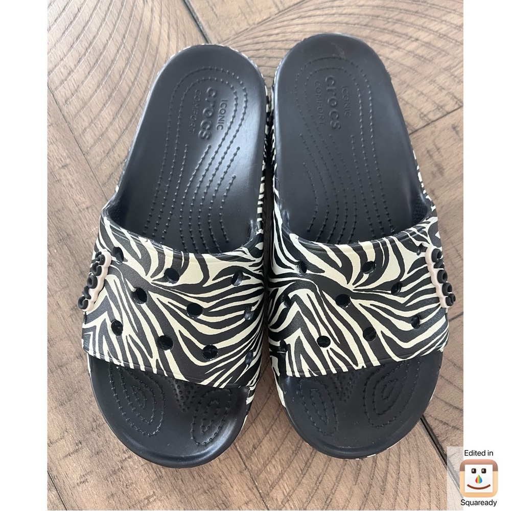 Crocs Unisex Zebra Print Slide Sandals - Picture 2 of 8